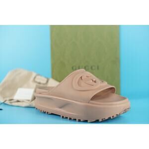 Gucci Miami GG Logo Rubber Slide Platform Mule Sandals Size 39 New $590 Camel